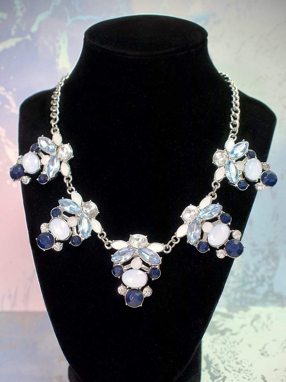Banana Republic Silver-Tone Navy & Light Blue Floral Cluster Necklace
